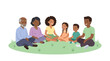 © Devi - Happy Multi-generational African American Family Sitting Together in a Circle on the Grass - Flat Vector Illustration of Three Generations