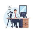 © Poniman - Vector illustration of a professional businessman in a white shirt and red tie sitting at a wooden office desk with a computer monitor, ergonomic chair, desk lamp, and wall clock.