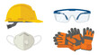 © wiwin - Collection of essential personal protective equipment including a hard hat, safety glasses, respirator mask, and work gloves for workplace safety.