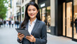 © ChimE - Confident Professional in Urban Landscape: An elegant woman in professional attire strides through a city street, clutching a digital tablet, embodying both modernity and poise.