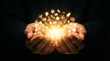 © Ace - Close up of a person's cupped hands gently holding and presenting a bright glowing magical sphere of light surrounded by small shimmering golden icons in the darkness