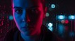 © Trial - Young woman behind rainy window with neon city lights