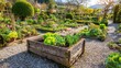 © arie - Lush vegetable and flower garden beds flourish under bright sunlight with gravel pathways