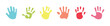 © Asia - Multicoloure prints of hands on a white background. Colored children's handprint. Bright handprints. Symbol of friendliness. Hand paint print set for holy and for more isolated, vector illustration.