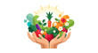 © DIAHIMAGESNEW - Illustrated vector art depicting hands holding an assortment of fresh produce for an event related to farmworkers, with vibrant colors and a bright, cheerful design against a clean white