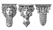 © Suryono - Three classical architectural details in grayscale, including faces and floral carvings