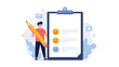 © Jeba - Creative illustration of a man holding a giant pencil next to a large clipboard featuring a feedback form with emoji ratings, symbolizing customer satisfaction, surveys, and reviews.