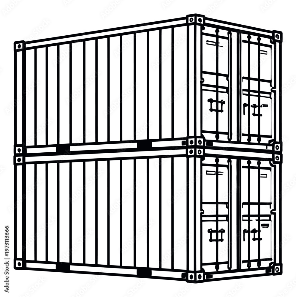Line art illustration of two shipping containers depicting them stacked ...