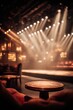 © Generative AI - Elegant jazz club interior featuring warm stage lighting with beams of light, an empty stage, and classic red velvet seating.