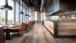 © Generative AI - Modern restaurant interior with comfortable seating, warm wood accents, and large windows offering city views