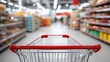 © Generative AI - Shopping Cart Perspective Down a Bright Supermarket Aisle Filled with Products