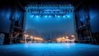 © Generative AI - Illuminated Concert Stage with Blue Lighting and Foggy Atmospheric Background Ready for Performance