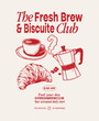 © xfrimran - Coffee Club Poster with Moka Pot Coffee Cup and Croissant Illustration