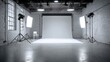 © Generative AI - Professional photography studio with cyclorama, lighting equipment, and industrial brick walls