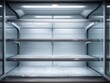 © Generative AI - Empty commercial display refrigerator with illuminated shelves and glass doors, showcasing a clean interior space.