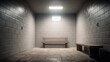© Generative AI - Minimalist Empty Room with Bench and Grated Window, Stark Concrete Walls, Single Light Source