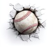 © Generative AI - Dynamic baseball bursting through a cracked white wall, symbolizing power and impact