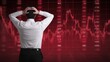 © Generative AI - Desperate businessman with head in hands experiencing stock market crash and financial crisis with red graph downturn