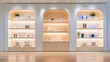 © Generative AI - Modern Retail Display Shelves Showcasing Skincare and Beauty Products with Soft Ambient Lighting