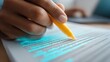 © Generative AI - Close-up of person's hand using a bright yellow highlighter to mark important text on a document