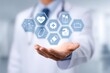 © Generative AI - Doctor's hand offering healthcare icons representing medical services, technology, and patient care