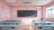 © Generative AI - Empty pastel pink classroom with desks and blackboard, ideal for educational or creative concepts