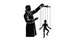© rabbivay - A shadowy figure manipulates a puppet with strings illustrating control and deception in a striking silhouette high quality professional detailed modern