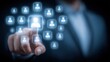 © Generative AI - Selecting the Ideal Candidate: Hand Touching Futuristic Digital Interface with User Icons
