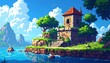 © Lompong - A pixelated, idyllic seaside scene with a stone tower. Lush greenery thrives around the structure, and the sky is filled with puffy clouds