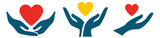 Hands holding heart vector icon set. Charity, healthcare, love and support flat silhouette symbols isolated on white background.