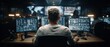 © Generative AI - Man working on multiple computer monitors in a dark, high-tech surveillance or data analysis control room