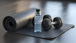 © suldev - Exercise mat with gym dumbbells weights and water bottle - Fitness, gym concept Stock Illustration