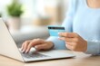 © Generative AI - Woman hands holding credit card and typing on laptop for online shopping and e-commerce