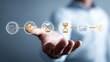 © Generative AI - Business professional presenting digital workflow timeline with progress icons and hourglass for efficiency and time management