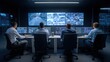 © Generative AI - Four professionals monitor multiple screens showing surveillance footage in a dark, high-tech control room