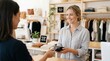 © Sofia - Contactless payment in a clothing boutique. Smiling female shop assistant holding card terminal for customer. Modern retail transaction in fashion store