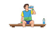 © Afsana - A tired male athlete wearing a colorful blue and yellow sports jersey sits on a simple wooden bench while hydrating with a clear bottle of refreshing water.
