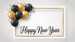 © A S M Creative - Elegant minimalist Happy New Year greeting card illustration with golden frame, festive balloons, and confetti on a clean gradient background, perfect for celebrations and messages