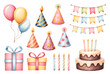 © Songrami - Birthday watercolor elements collection balloons cake gift boxes candles party decor.