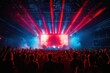 © Milana - Energetic indoor concert with silhouetted crowd raising hands toward a glowing red and blue stage screen, dramatic fog and beams of light conveying exhilaration and unity