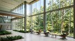 © horizon - Carefully positioned modern lounge chairs sit in a sunlit university atrium with towering glass walls that look out onto a serene forest.