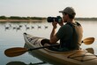 © Who is Danny - Man kayaking while photographing birds on calm lake at sunset with warm light and peaceful nature background, concept of outdoor wildlife adventure. Ai generative