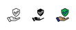 © NH RIDOY - Human hand holding a shield with a checkmark icon set in thin line art, solid black, and vibrant multicolored styles for secure protection, verified safety, and account insurance. Vector Illustration.