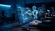 © Anusa - human typing on keyboard with holographic AI agent analyzing data beside screen ,cybersecurity, and digital innovation in modern technology workspace.