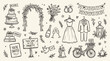 © fusiangkara - Wedding celebration elements doodle art collection including cake, dress, suit, rings, flowers, bicycle, and invitation for event planning and decoration