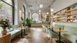 © farhan - Elegant cafe interior with light green seating and wooden tables.