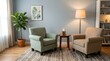 © SnehaUniverse - Modern therapy office interior with comfortable armchairs, professional counseling room with green fiddle leaf fig plant, cozy mental health clinic