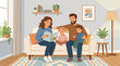 © Aries - This flat design vector illustration shows parents lovingly reading a storybook to their children in a cozy, minimalist home setting, emphasizing family bonding and education.