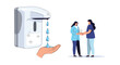 © Szymon - Automatic hand sanitizer dispenser with falling drops and two women interacting for health and public safety.