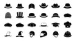 © Prema - Collection of various hats and headwear on white background including fedoras cowboy hats bowlers and helmets